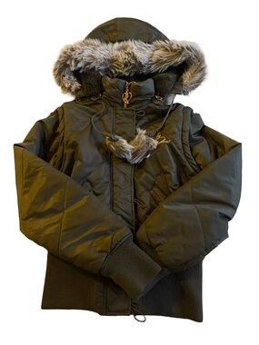 Faux Fur Hooded Puffer Jacket in Olive Green
